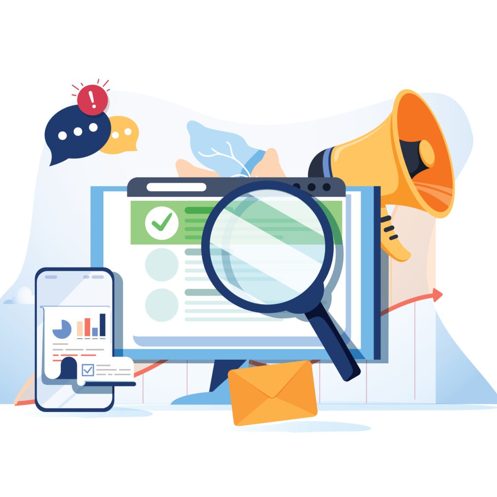 SEO Optimierung Berlin – Illustration mit Lupe, Megafon und Website