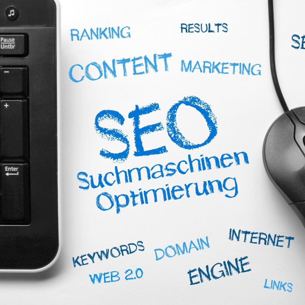 SEO Optimierung Berlin – Tastatur und Maus mit Begriffen zur Suchmaschinenoptimierung
