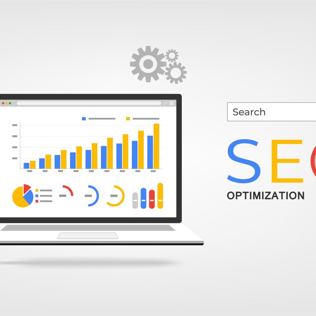 SEO Check – Laptop mit Diagrammen und Lupe