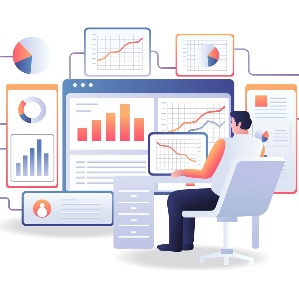 SEO Agentur Berlin – Illustration eines Analysten vor Diagrammen