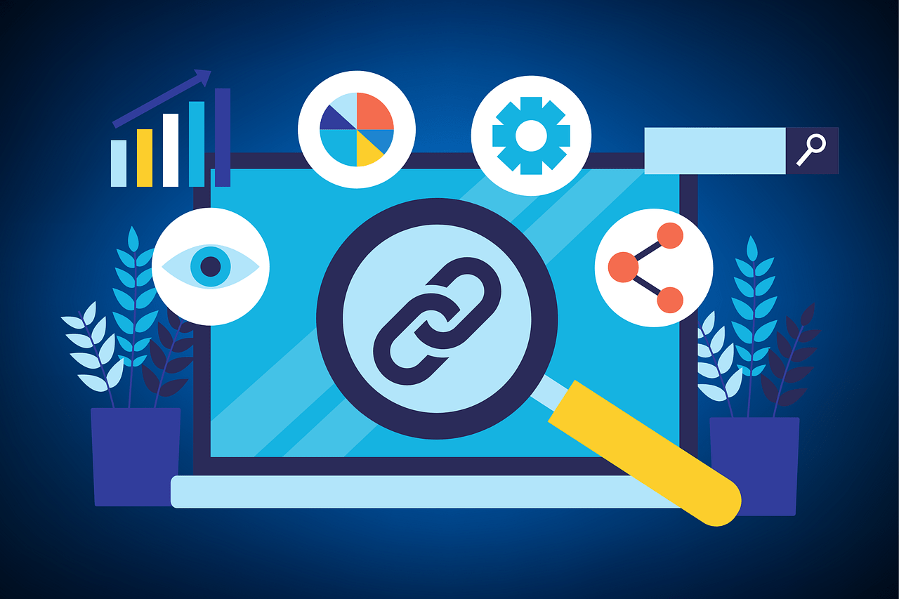 SEO Agentur Berlin Karlshorst – Illustration mit Kettensymbol, Lupe und Diagrammen