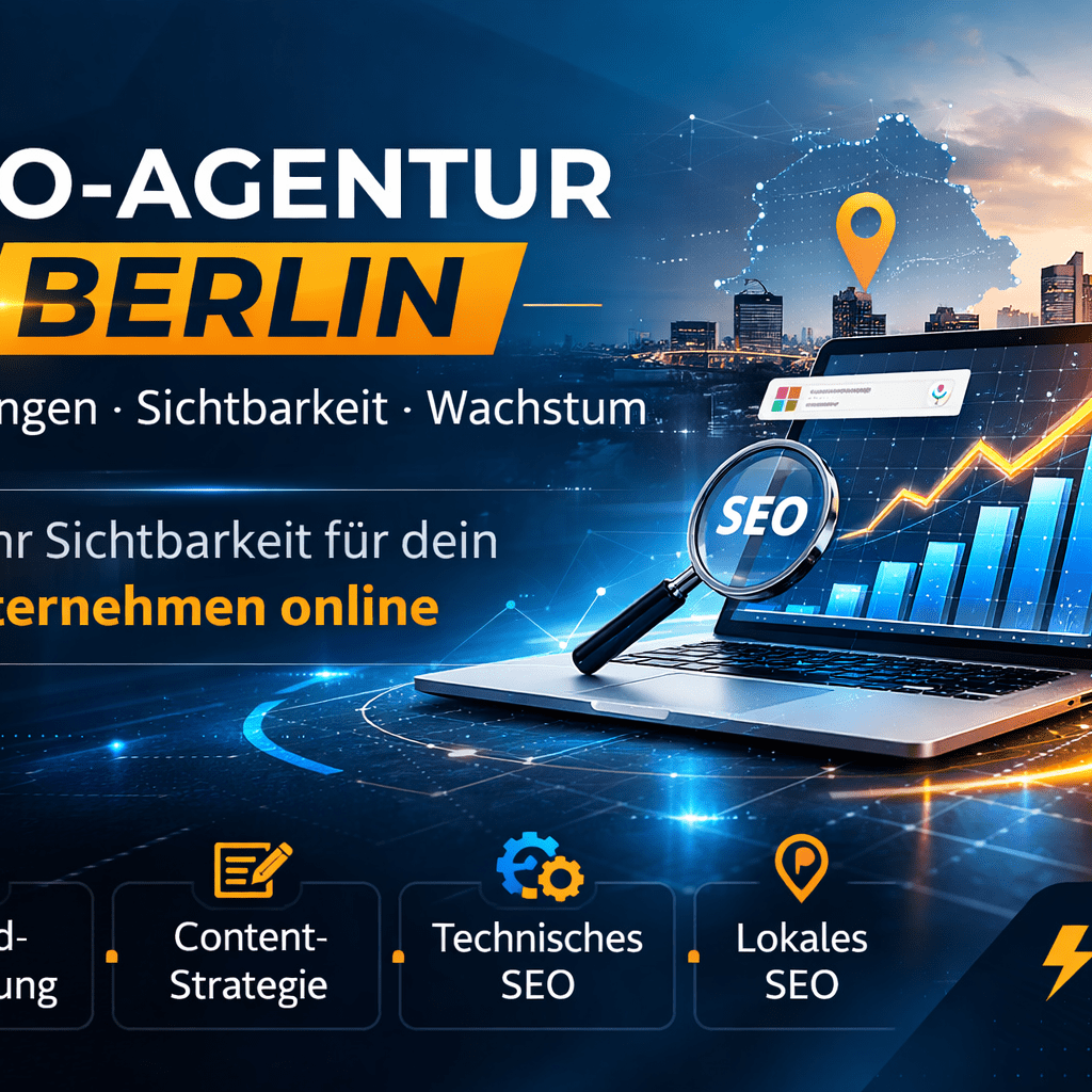 Modernes Banner einer SEO-Agentur in Berlin mit Laptop, SEO-Analyse, steigender Wachstumskurve und Berliner Skyline im Hintergrund. Fokus auf Leistungen, Sichtbarkeit und Online-Wachstum für Unternehmen.
