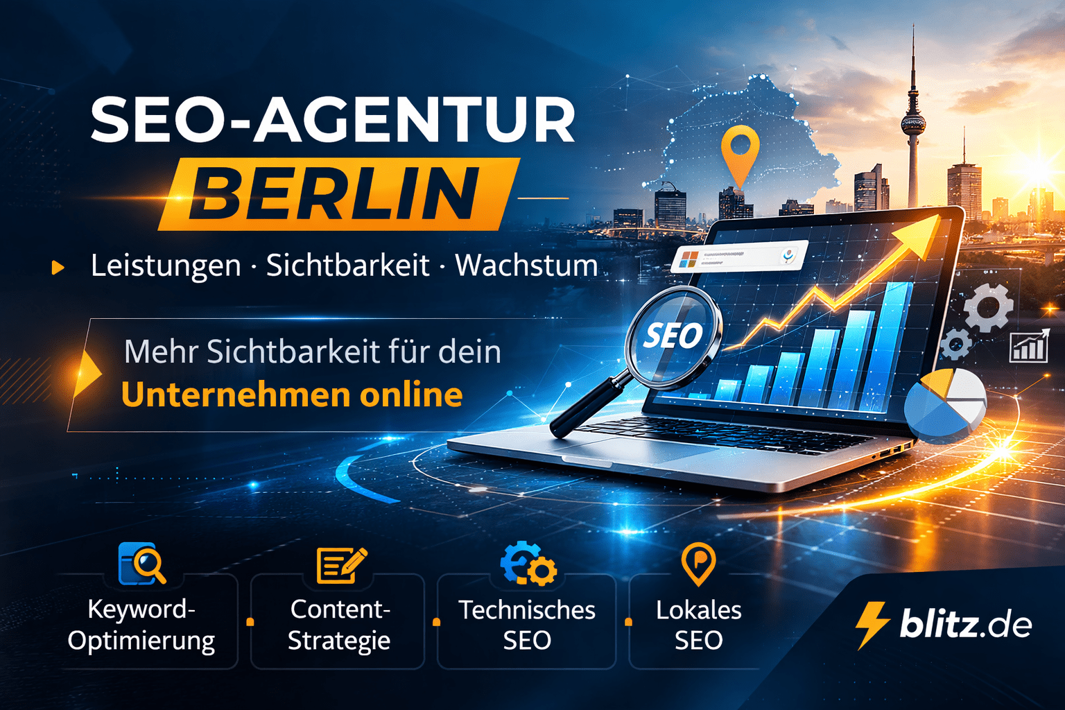 Modernes Banner einer SEO-Agentur in Berlin mit Laptop, SEO-Analyse, steigender Wachstumskurve und Berliner Skyline im Hintergrund. Fokus auf Leistungen, Sichtbarkeit und Online-Wachstum für Unternehmen.