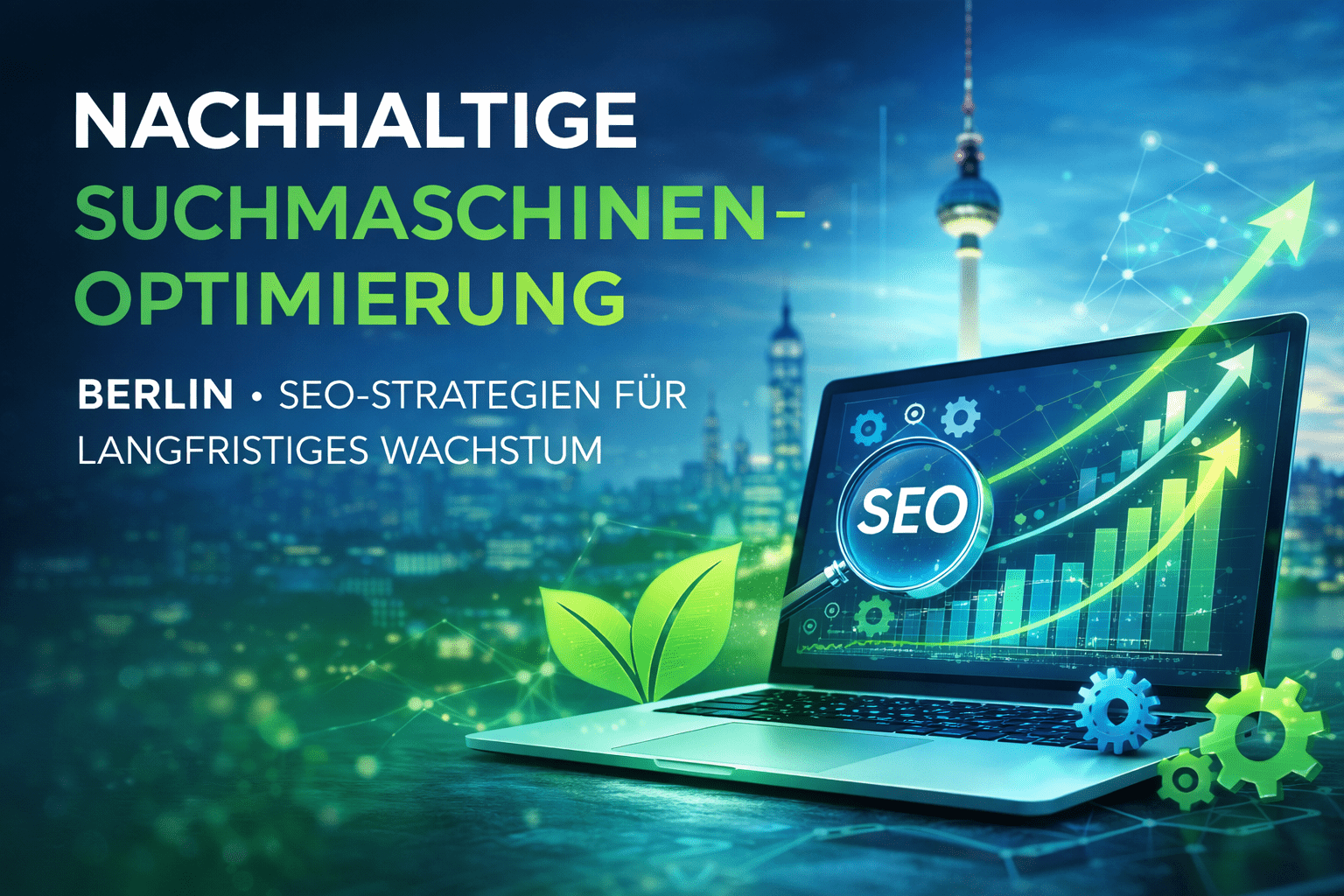 Modernes Banner einer SEO-Agentur in Berlin mit Laptop, SEO-Analyse, Ranking-Grafik und steigender Wachstumskurve. Im Hintergrund die Berliner Skyline mit Fernsehturm. Das Bild steht für professionelle SEO-Leistungen, mehr Sichtbarkeit und nachhaltiges Online-Wachstum.
