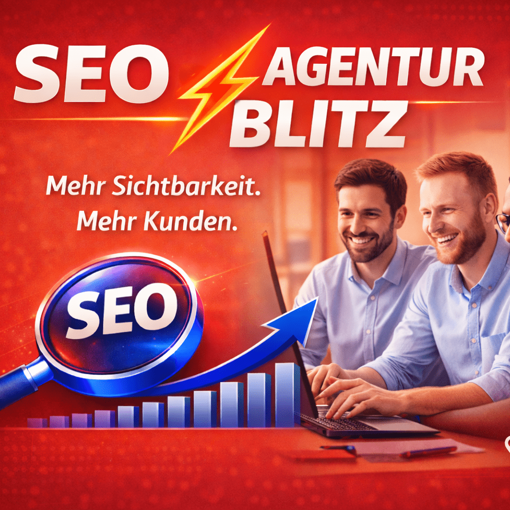 SEO Agentur Berlin – Banner mit drei Männern am Laptop und Blitz-Schriftzug