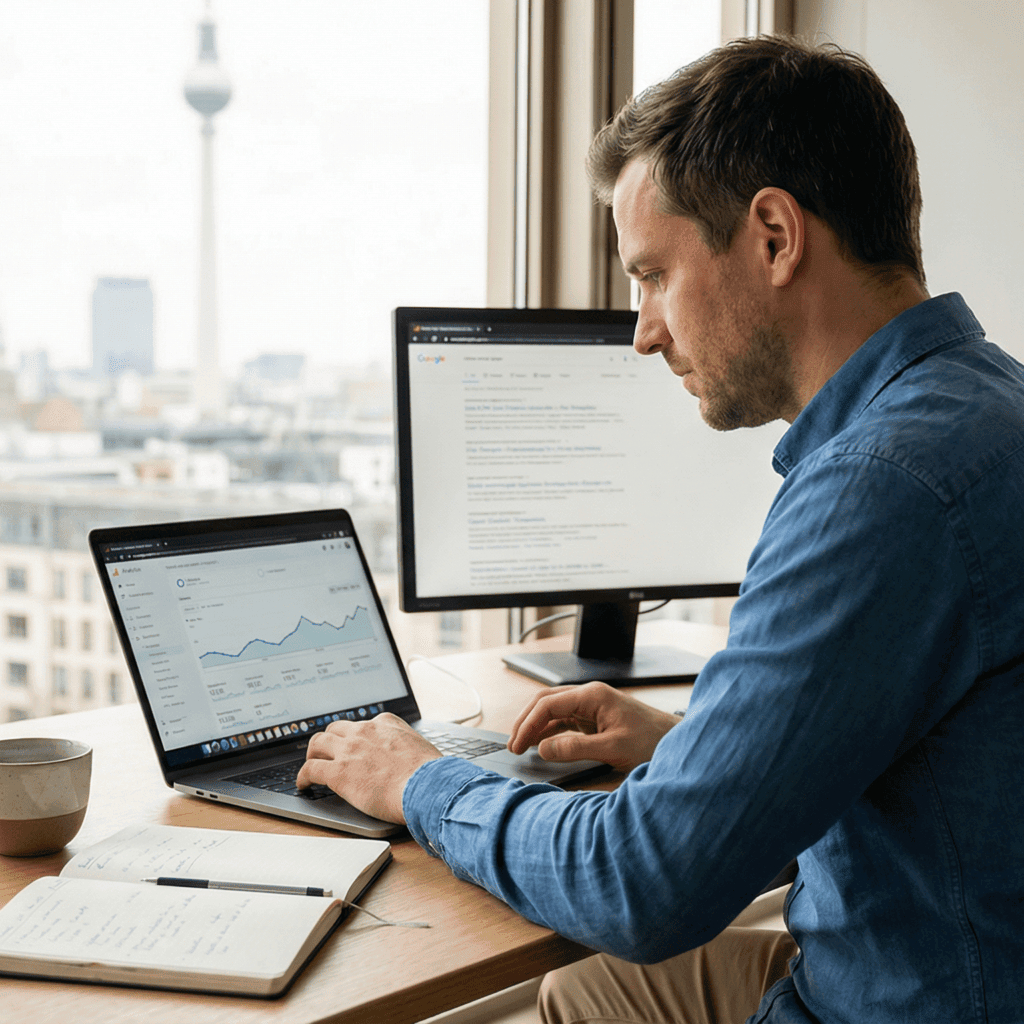 SEO Agentur Wiesbaden – Mann am Laptop vor Fensterfront