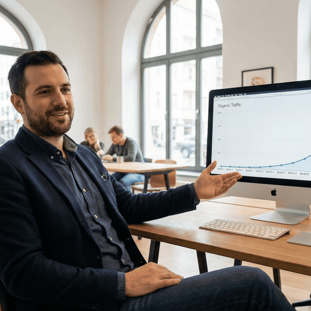 SEO Marketing Berlin – Berater zeigt lächelnd auf einen Monitor