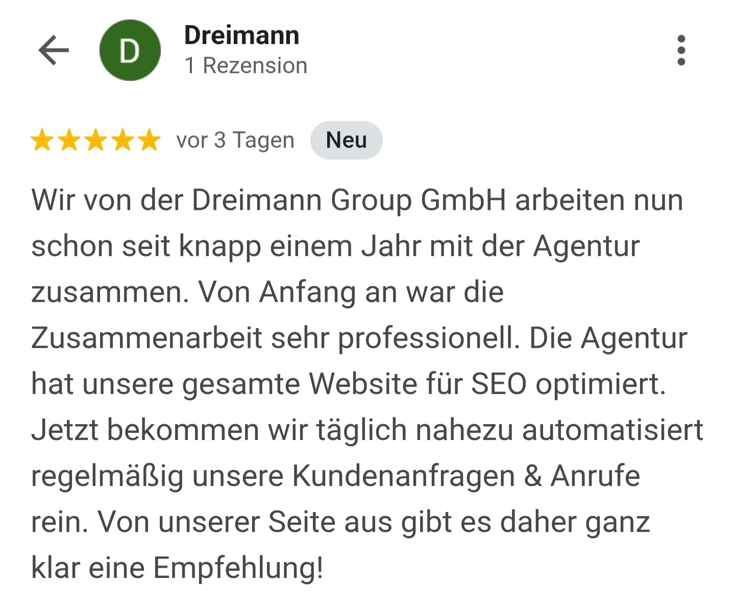 5-Sterne Google Bewertung von Dreimann Group GmbH für SEO Agentur Blitz Berlin