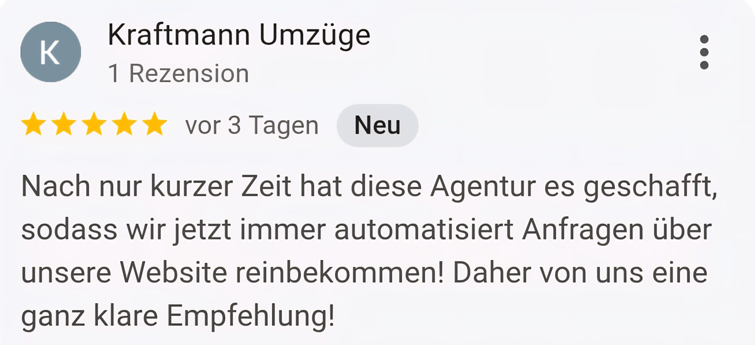 5-Sterne Google Bewertung von Kraftmann Umzüge für SEO Agentur Blitz Berlin