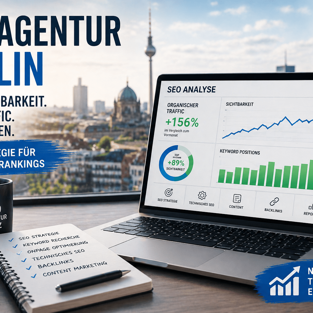 Laptop mit SEO Analyse und steigenden Rankings auf dem Bildschirm