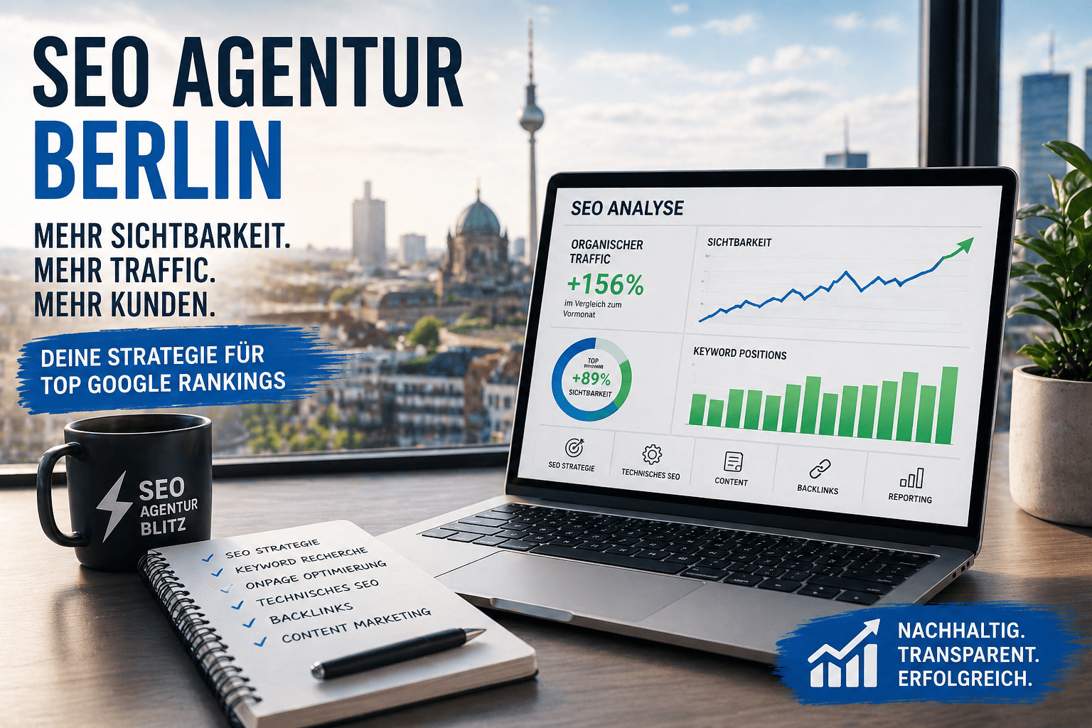 Laptop mit SEO Analyse und steigenden Rankings auf dem Bildschirm