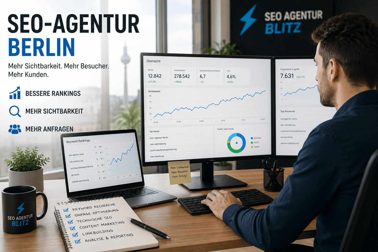 SEO-Experte analysiert Google-Rankings und Website-Daten auf mehreren Bildschirmen.