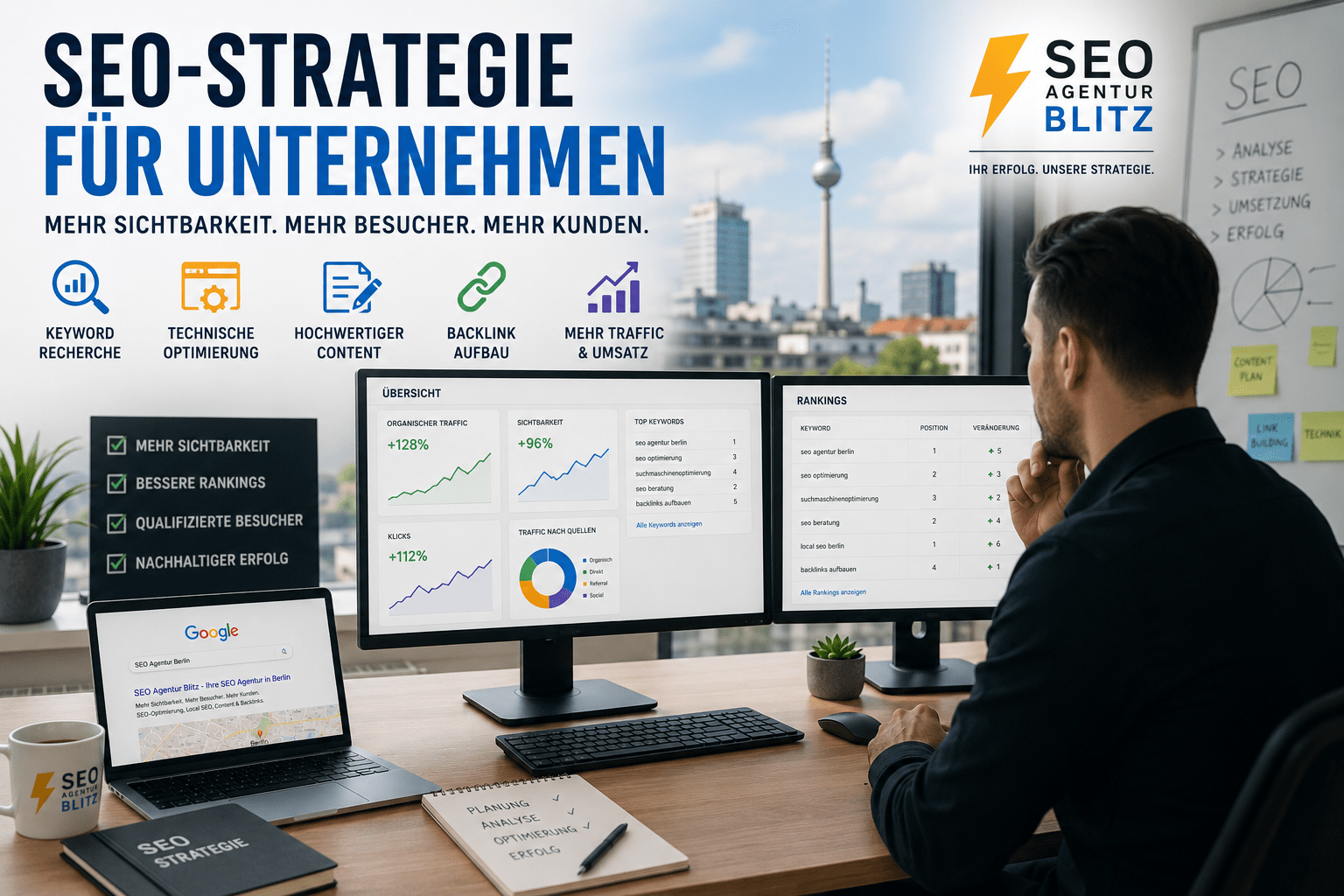 SEO-Experte analysiert Website-Daten und entwickelt eine Strategie für mehr Google-Sichtbarkeit