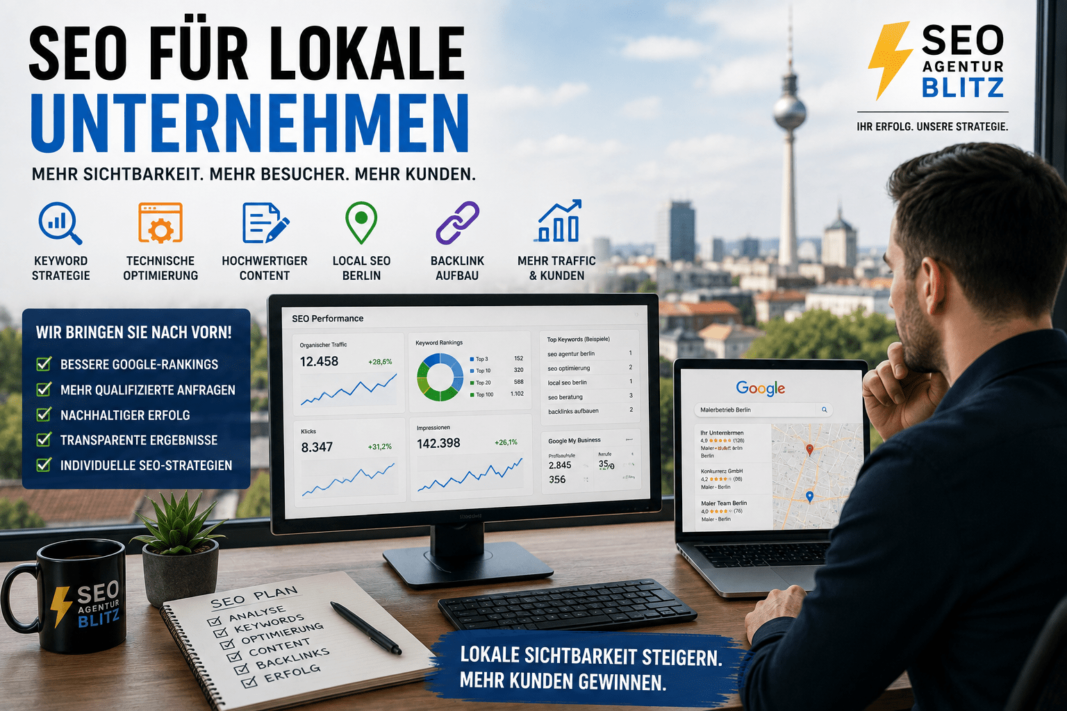 SEO-Experte analysiert lokale Google-Sichtbarkeit, Keywords und Website-Daten für ein Unternehmen