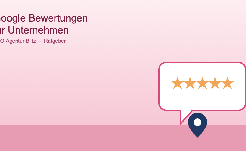 Google Bewertungen – Sprechblase mit fünf Sternen über Kartenpin