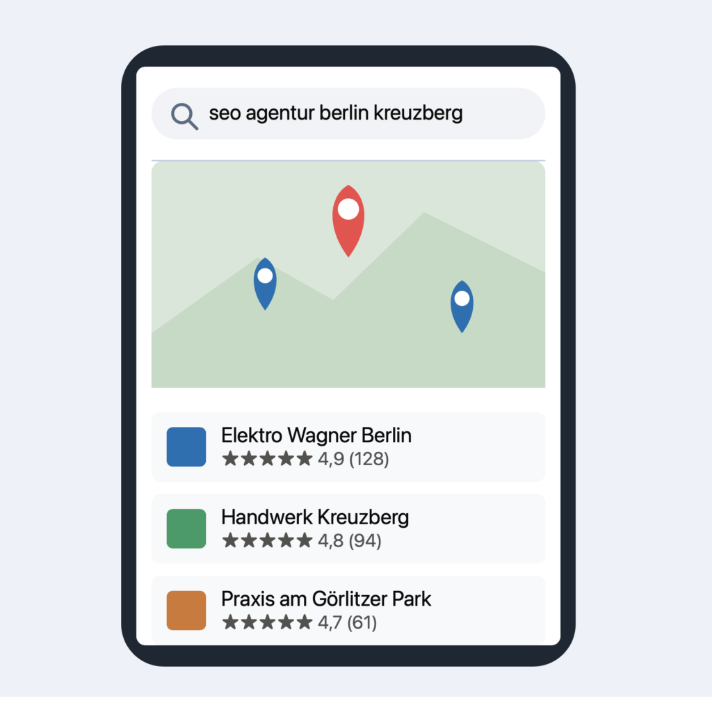 Local SEO für Dienstleister in Berlin – Smartphone mit Kartensuche und Einträgen
